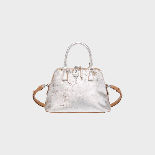 Tasoni Maison Margiela Soft 5Ac Mini Bag in distressed silver leather with light brown trim and a hanging key detail.