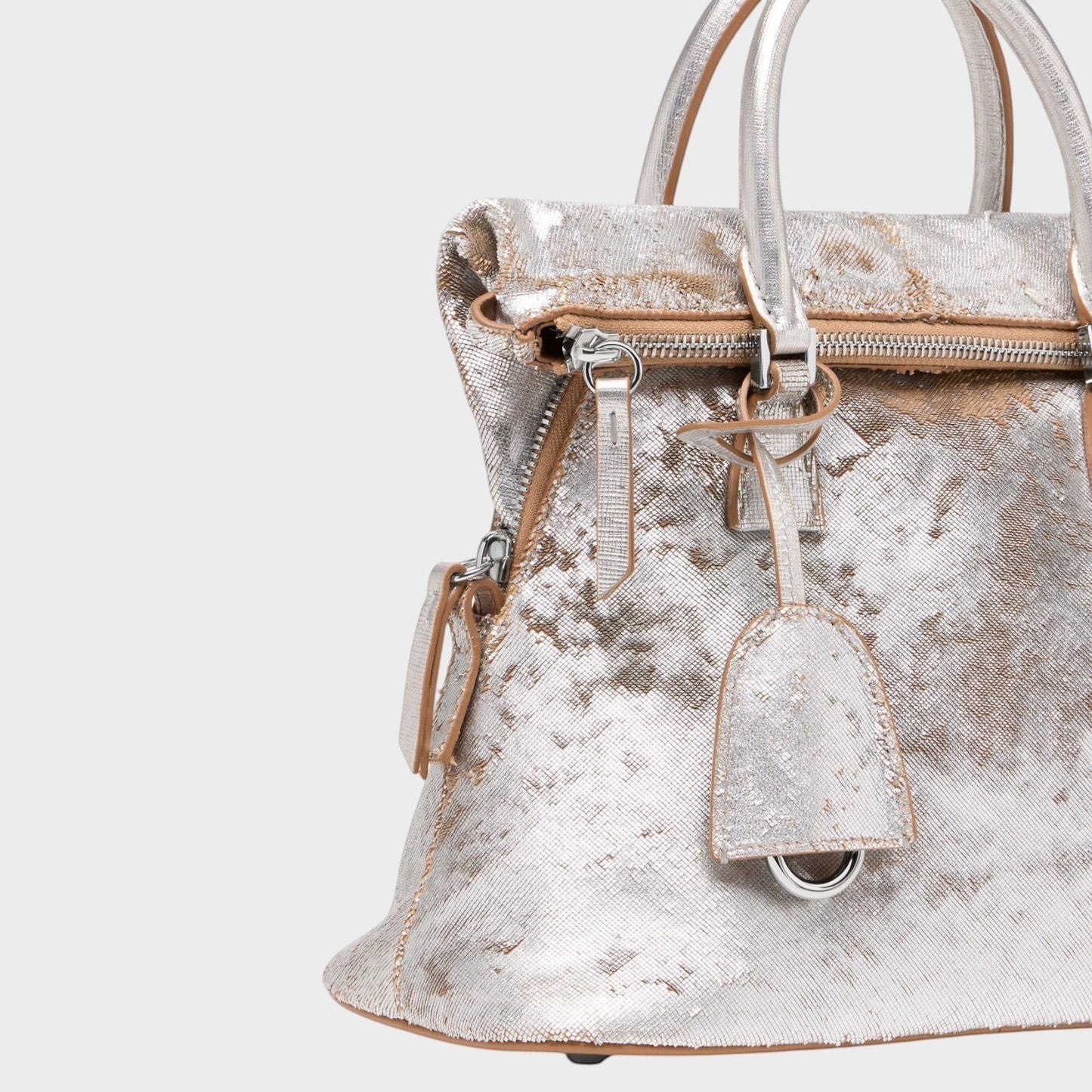 Tasoni Maison Margiela soft 5AC mini bag in distressed silver and light brown leather with top handles and zip closure.