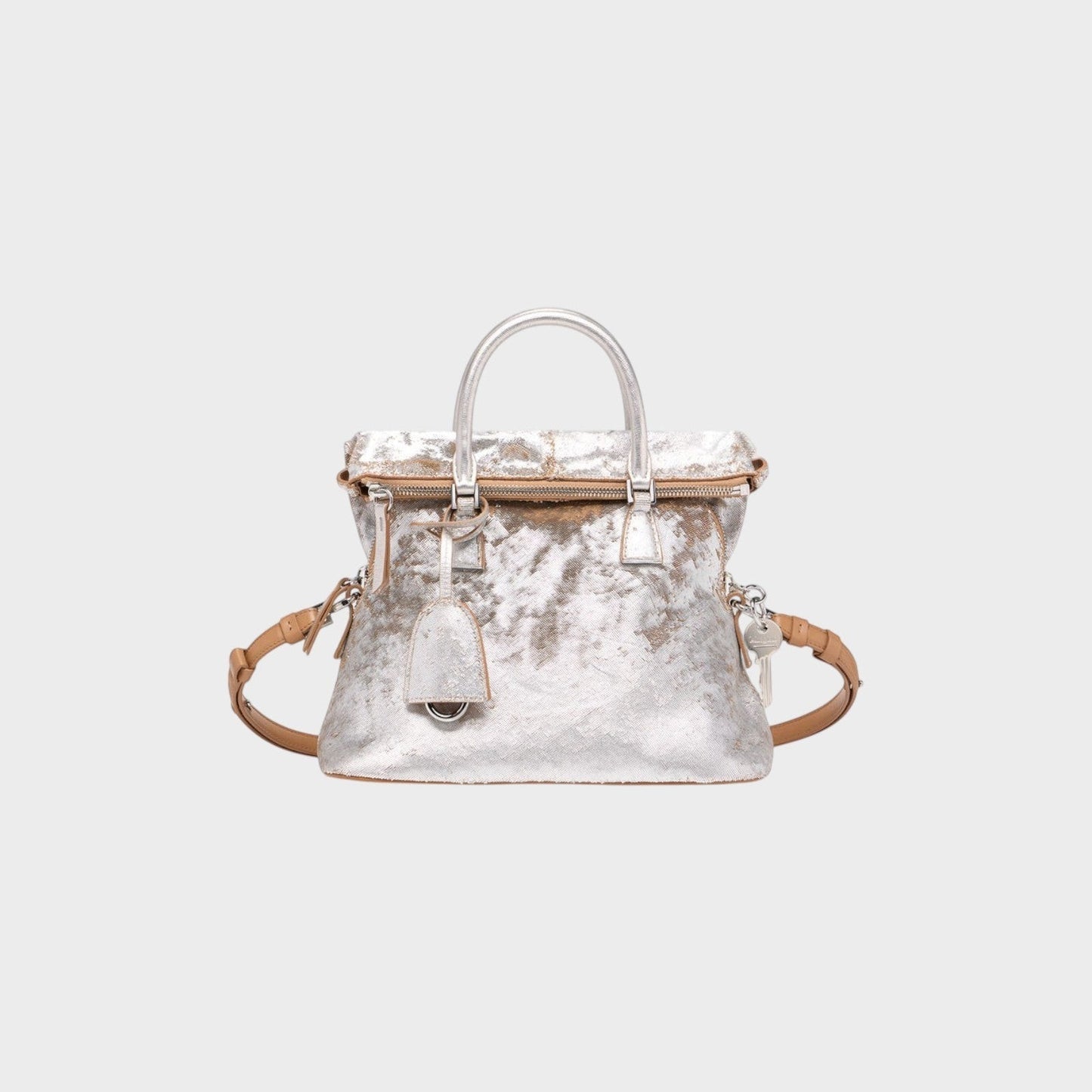 Tasoni Maison Margiela soft 5AC mini bag in silver and light brown with distressed finish and top handles.