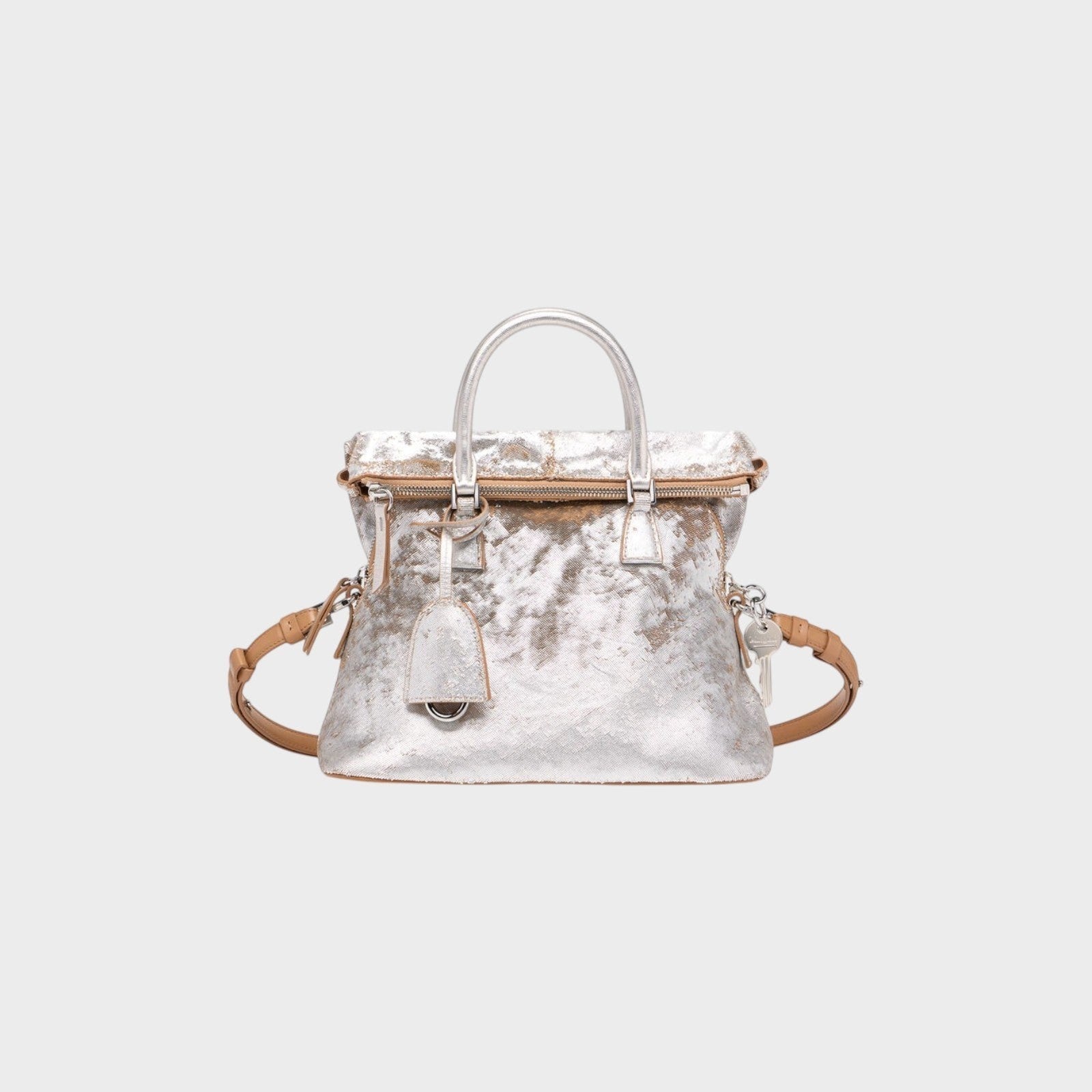 Tasoni Maison Margiela soft 5AC mini bag in silver and light brown with distressed finish and top handles.