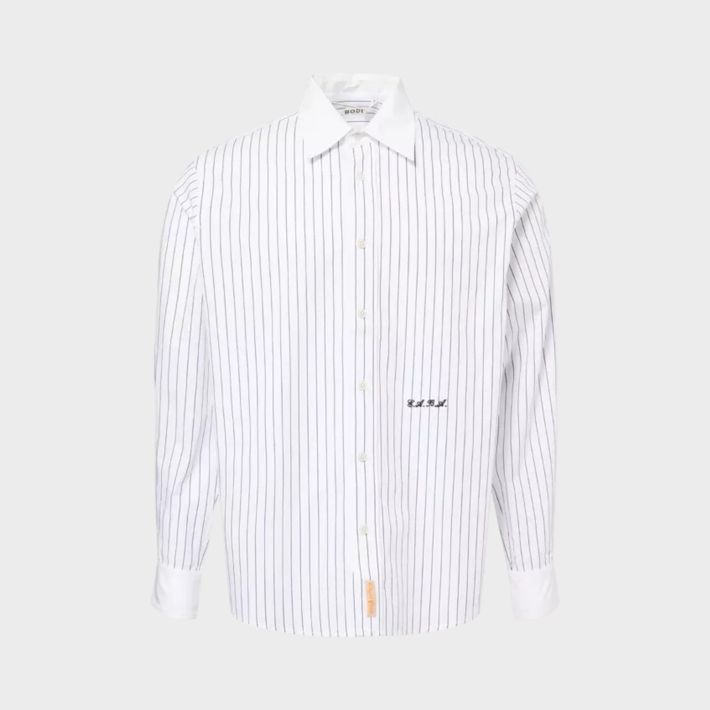 Tasoni Steamboat Stripe Shirt in black and cream. Classic button-up with embroidered logo.