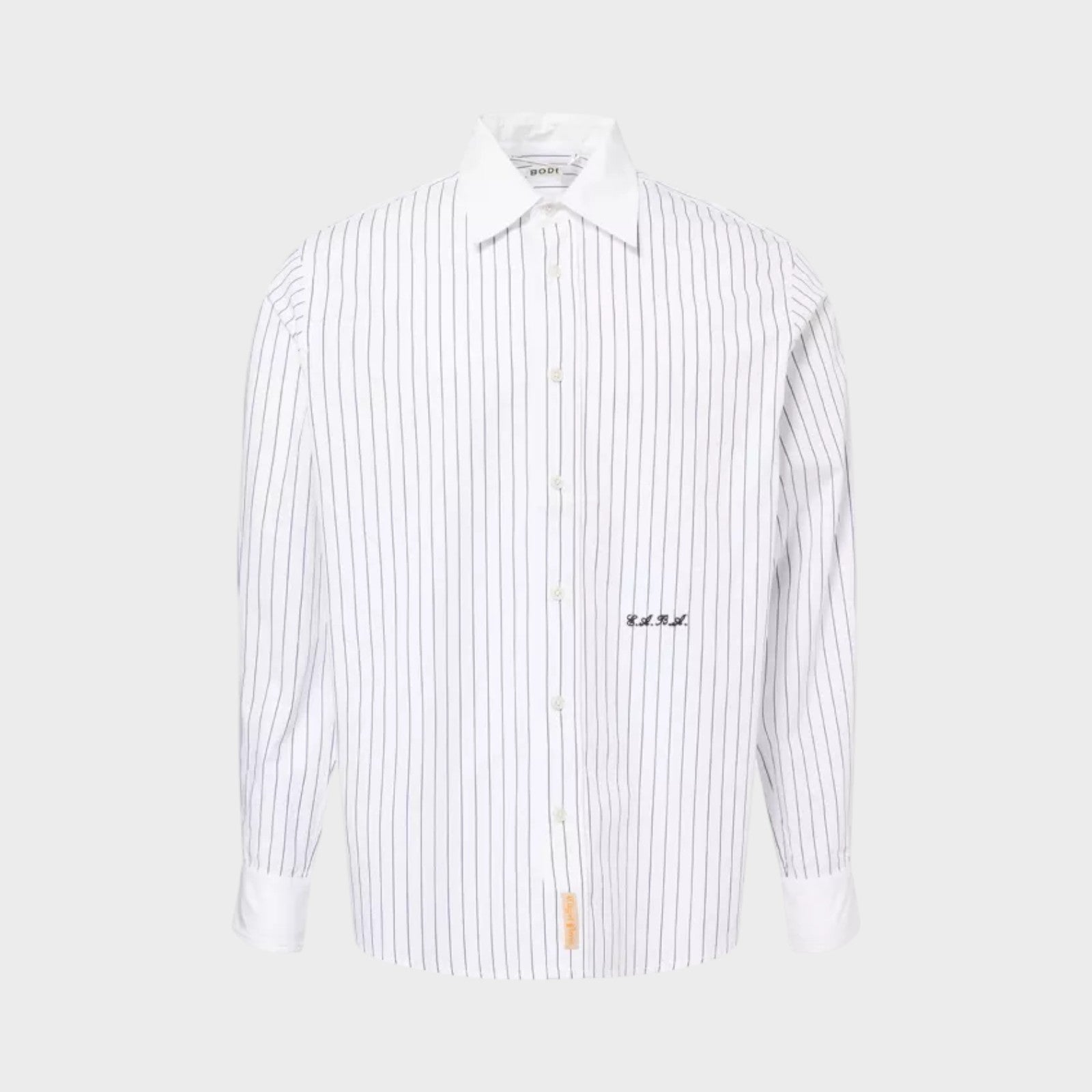 Tasoni Steamboat Stripe Shirt in black and cream. Classic button-up with embroidered logo.