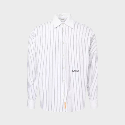 Tasoni Steamboat Stripe Shirt in black and cream. Classic button-up with embroidered logo.