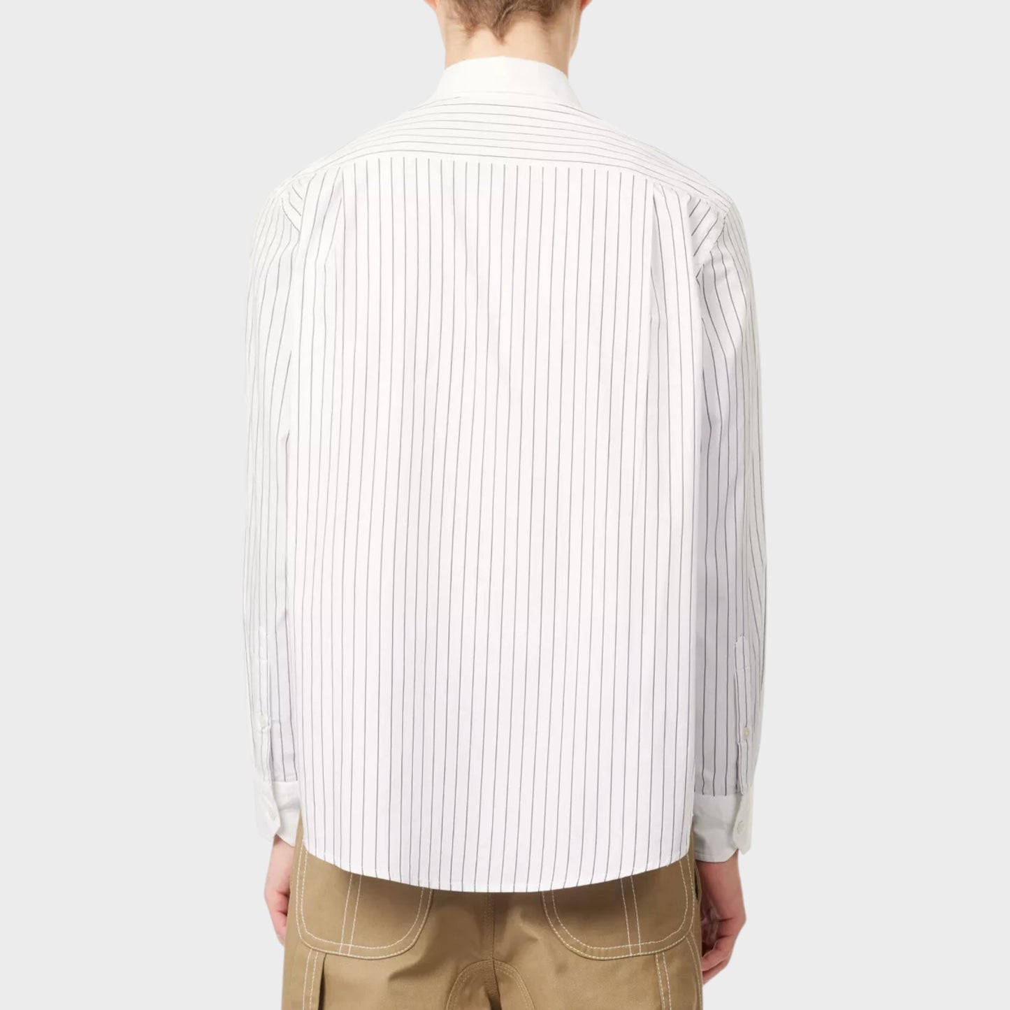 Tasoni Steamboat Stripe Shirt in black and cream. Classic button-down shirt with vertical pinstripes.
