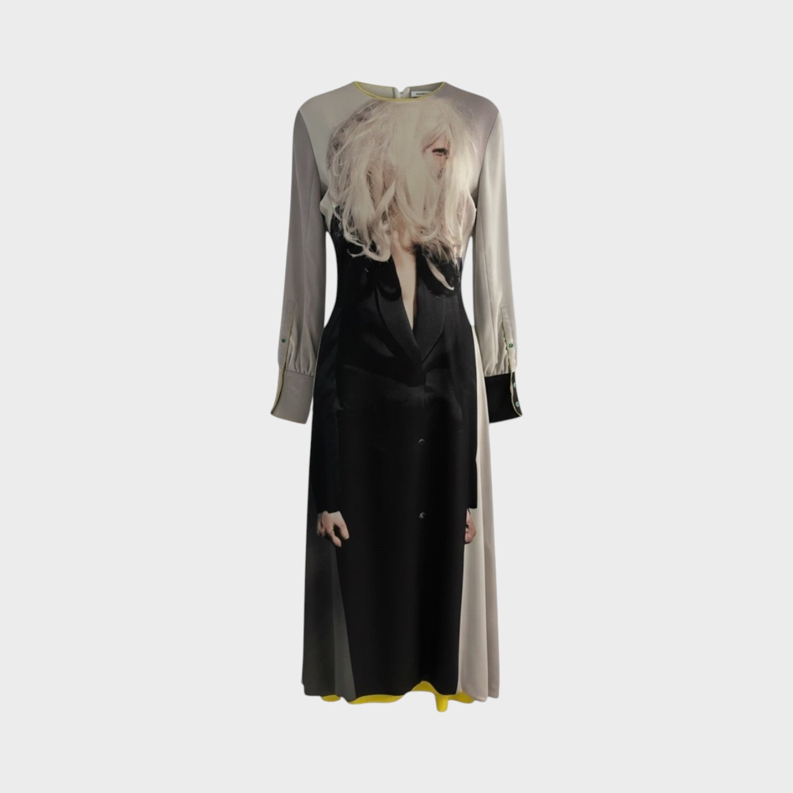 Tasoni Undercover dress with Cindy Sherman print, long sleeves, black satin lapels, and yellow lining.