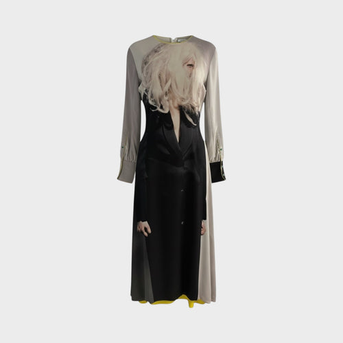 Tasoni Undercover dress with Cindy Sherman print, long sleeves, black satin lapels, and yellow lining.