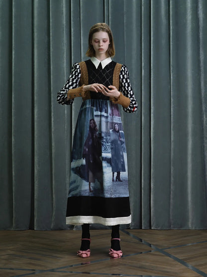 Tasoni Undercover Dress features a white collar, black diamond knit bodice, and long sleeves with a black and white checkered pattern. The skirt has a striking print of two figures in a wintery scene.