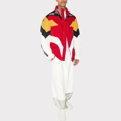 Tasoni Undercover Jacket: Red, yellow, white & black nylon puffer with high neck, zip-up front and Evangelion patches.