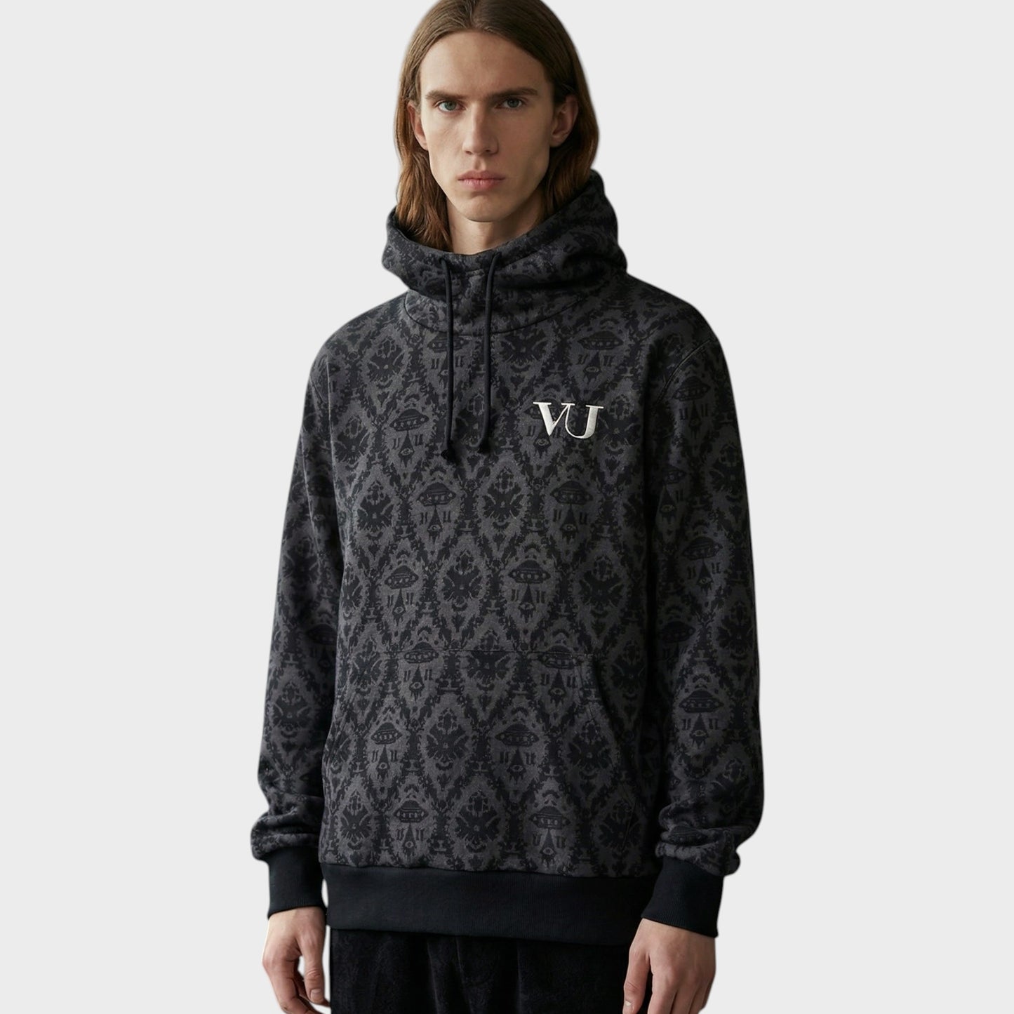 Tasoni Undercover x VLTN black and grey patterned cotton hooded sweatshirt with white VLTN logo on chest.