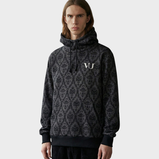 Tasoni Undercover x VLTN black and grey patterned cotton hooded sweatshirt with white VLTN logo on chest.