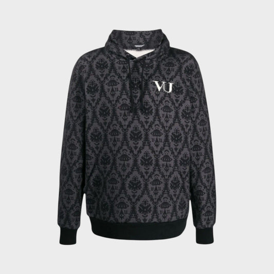 Tasoni Undercover x VLTN black and grey patterned cotton hooded sweatshirt with VU logo