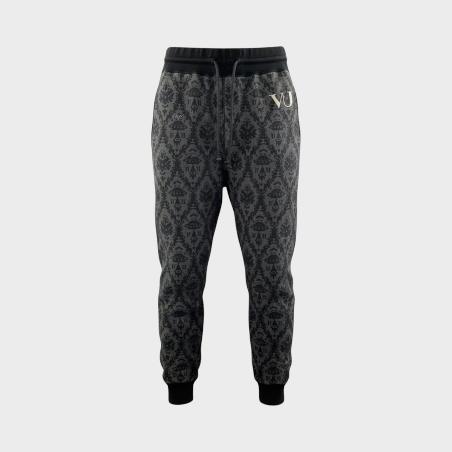 Tasoni Undercover x VLTN black and grey cotton drawstring sweatpants with all-over pattern and gold 'VJ' logo.