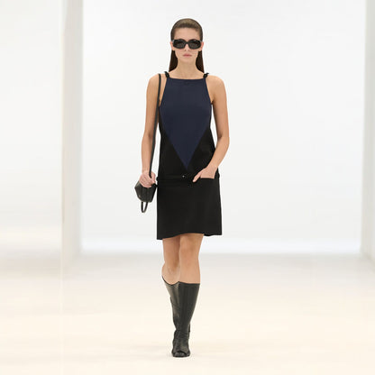 Tasoni V-line jersey mini dress in midnight blue and black with a square neckline and tie straps.