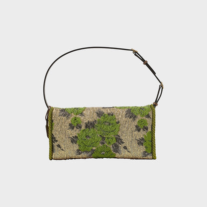 Tasoni Valentino Bag: Small shoulder bag in green, black, and gold jacquard with floral embroidery and a leather strap.