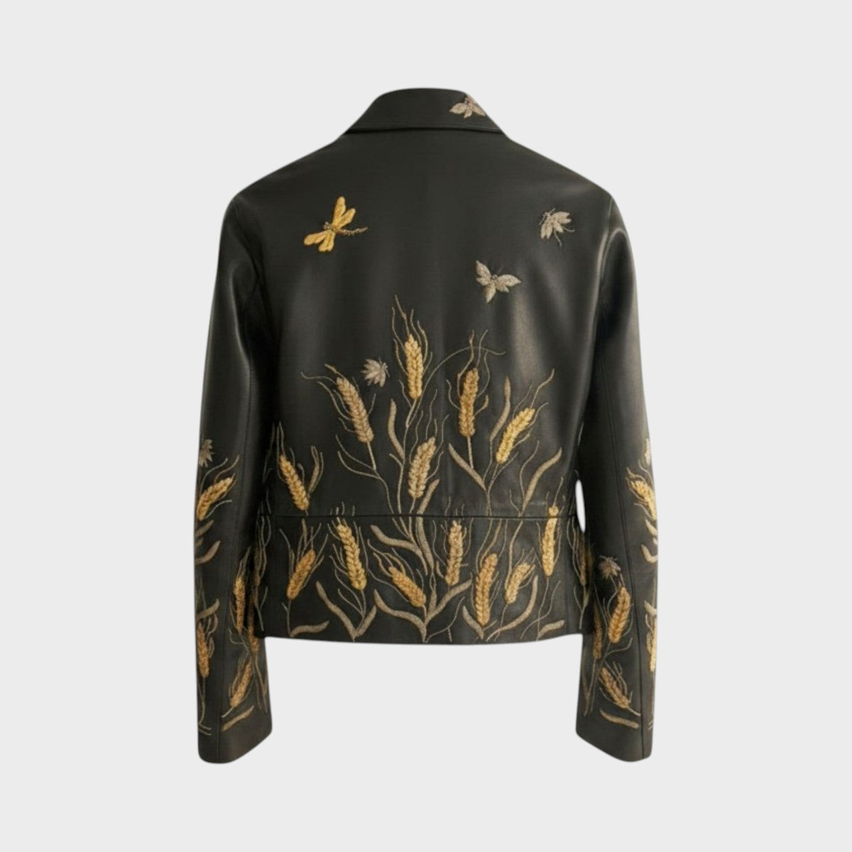 Tasoni Valentino black leather jacket featuring intricate gold wheat and insect embroidery on the back
