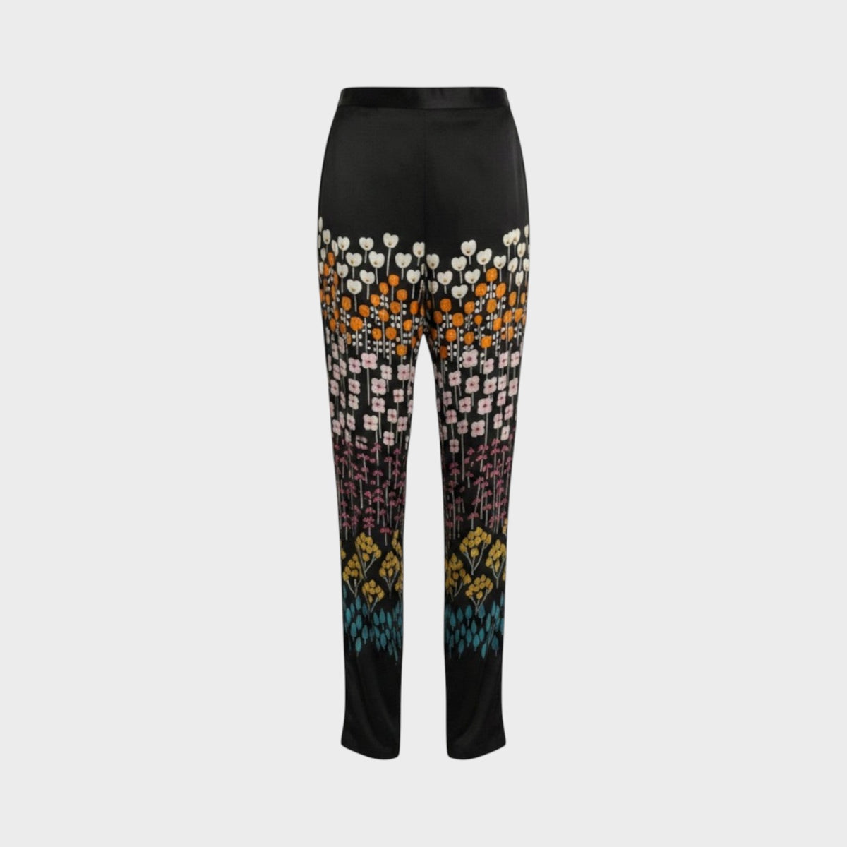 Tasoni Valentino black velvet trousers featuring a vibrant multi-colored floral row print pattern.