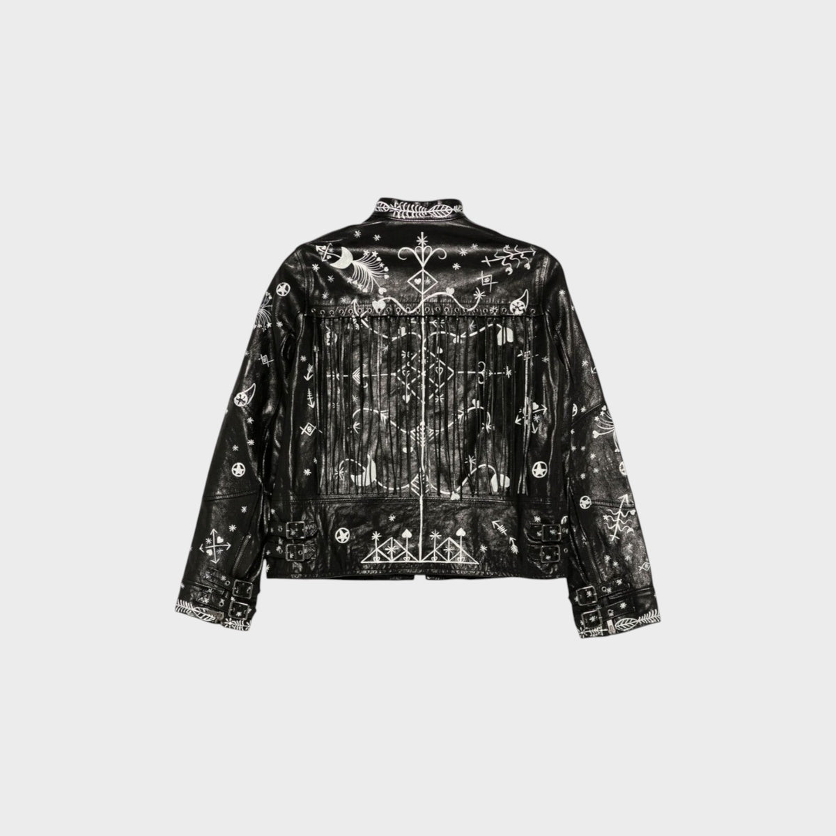 Tasoni Valentino black leather Cuban fringe jacket with white intricate tribal print and back fringe detailing
