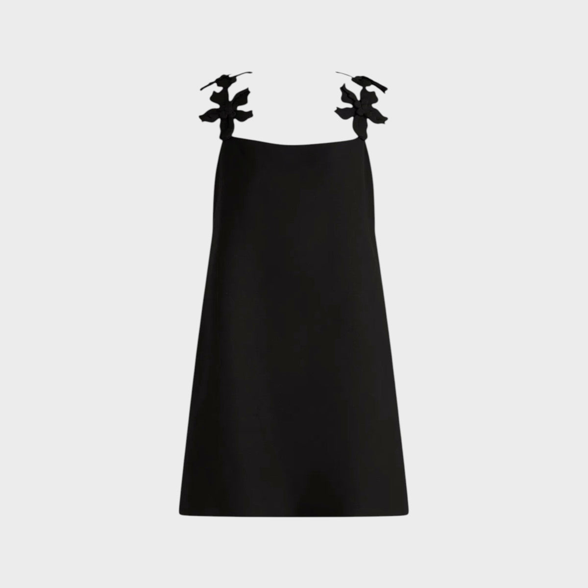 Tasoni Valentino black couture mini dress featuring delicate hibiscus flower embroidery on the shoulder straps