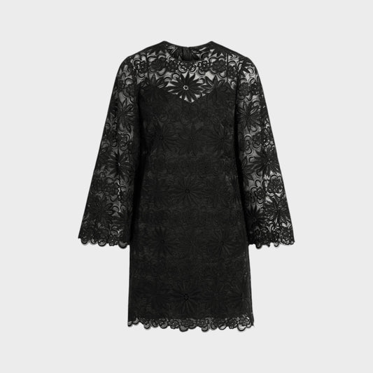 Tasoni Valentino black organza rebrode dress featuring intricate floral lace embroidery and long flared sleeves.