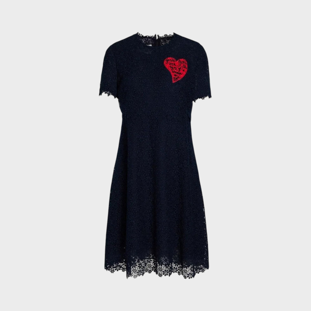 Tasoni Valentino L'Amour black lace dress with short sleeves and a red embroidered heart detail on the chest.