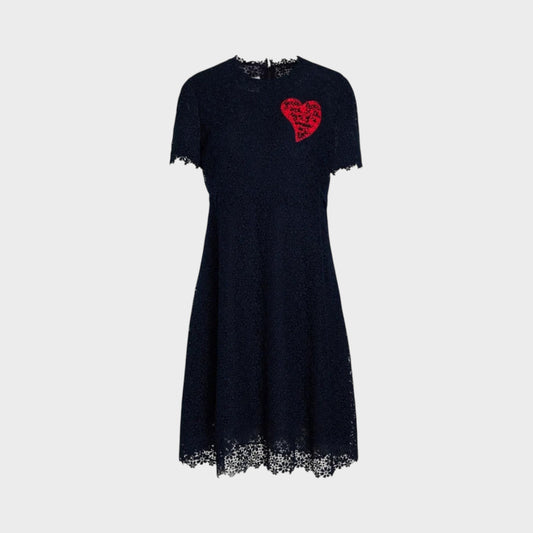 Tasoni Valentino L'Amour black lace dress with short sleeves and a red embroidered heart detail on the chest.