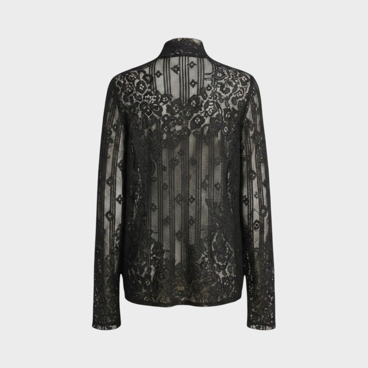 Back view of a Tasoni Valentino black long-sleeve shirt featuring intricate floral lace overlay and striped detailing.