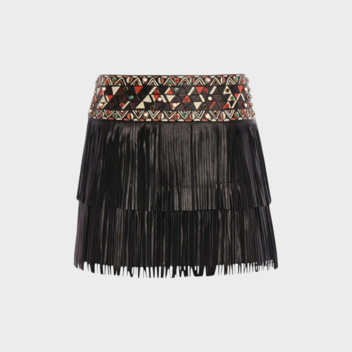Tasoni Valentino black leather mini skirt featuring tiered fringe and a decorative geometric beaded waistband.