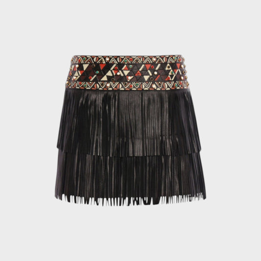 Tasoni Valentino black leather mini skirt featuring tiered fringe and a decorative geometric beaded waistband.