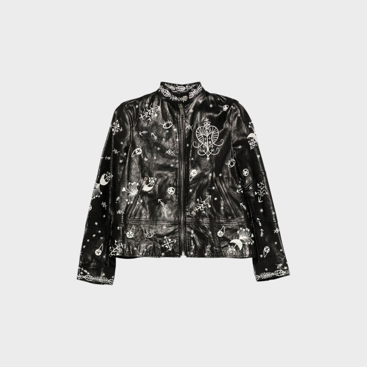 Tasoni Valentino black leather jacket featuring white graphic symbols and a full zip front closure.