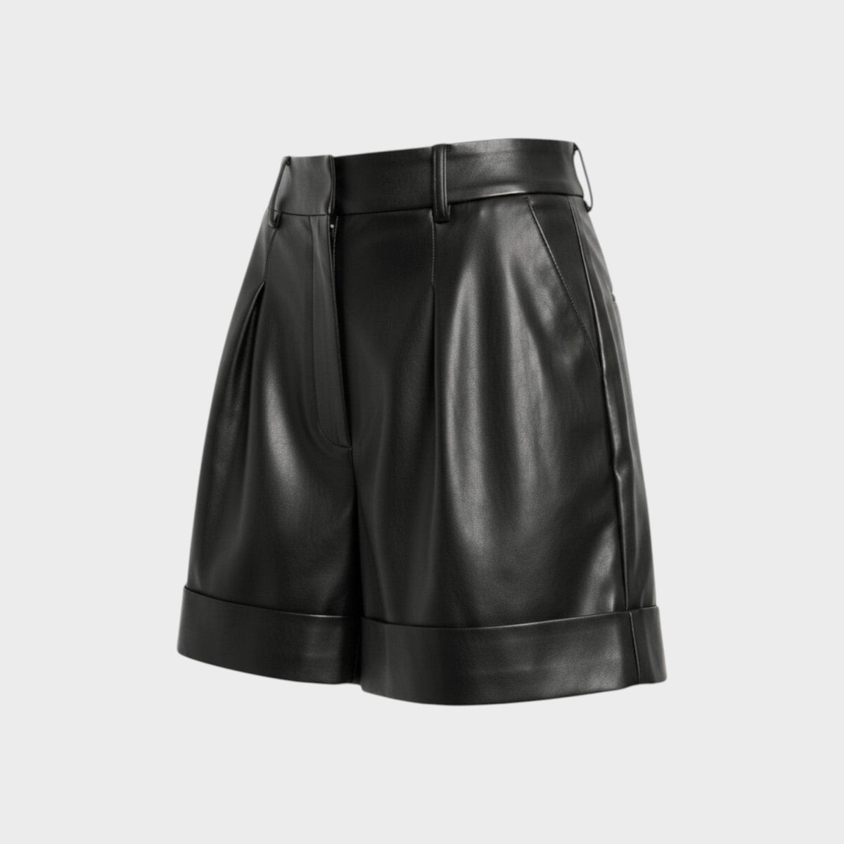 Tasoni Valentino black leather pleated trapeze shorts with a high-waisted fit and cuffed hem.