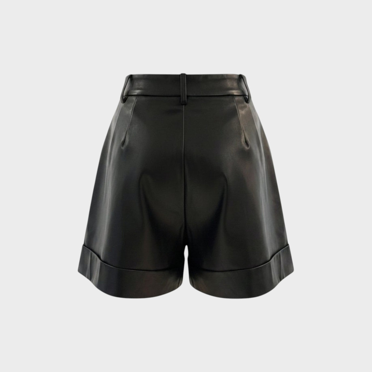 Tasoni Valentino black leather trapeze shorts featuring a high-waisted pleated design and cuffed hems.