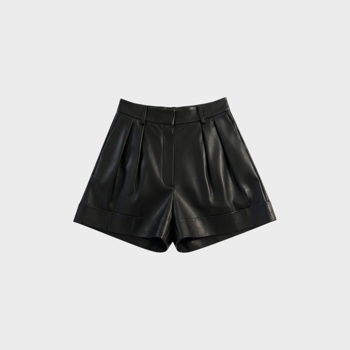 Tasoni Valentino black leather pleated trapeze shorts with a high waist and cuffed hem