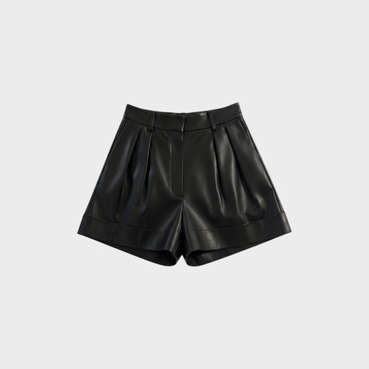 Tasoni Valentino black leather pleated trapeze shorts with a high waist and cuffed hem