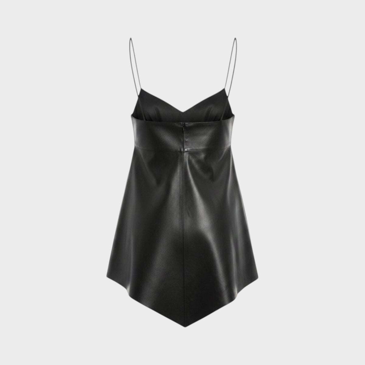 Tasoni Valentino black leather tank top with thin spaghetti straps and a pointed hemline, back view.