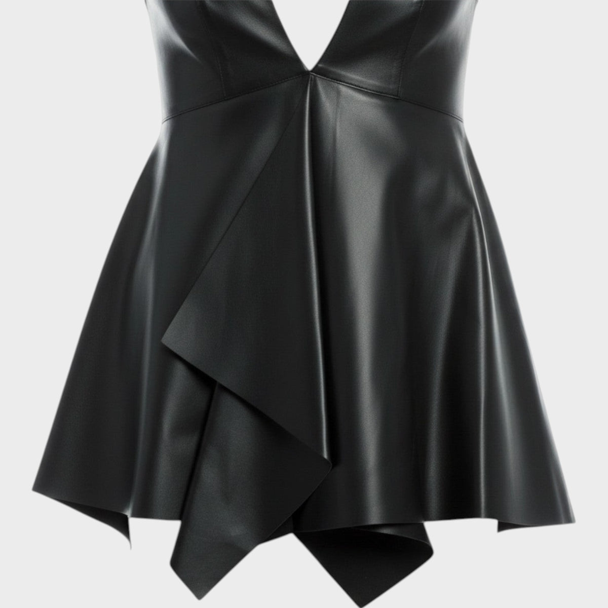 Tasoni Valentino black leather tank top featuring a deep V-neckline and a flared, asymmetrical draped hem.