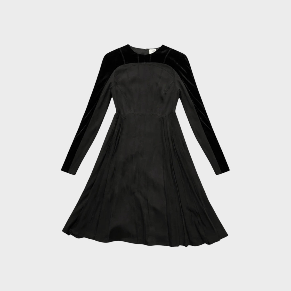 Tasoni Valentino black long-sleeve pleated dress with velvet panel detailing on a neutral background.