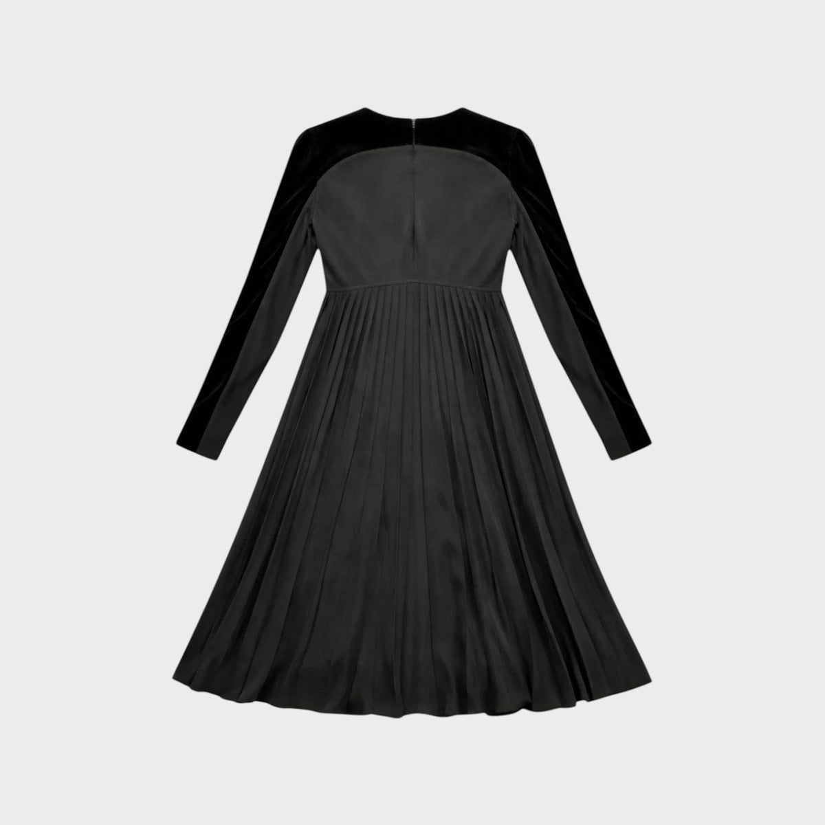 Tasoni Valentino black long-sleeve pleated dress with velvet bodice and back view