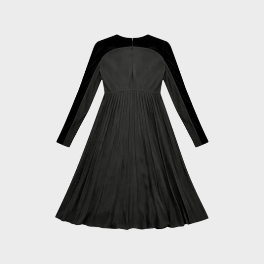 Tasoni Valentino black long-sleeve pleated dress with velvet bodice and back view