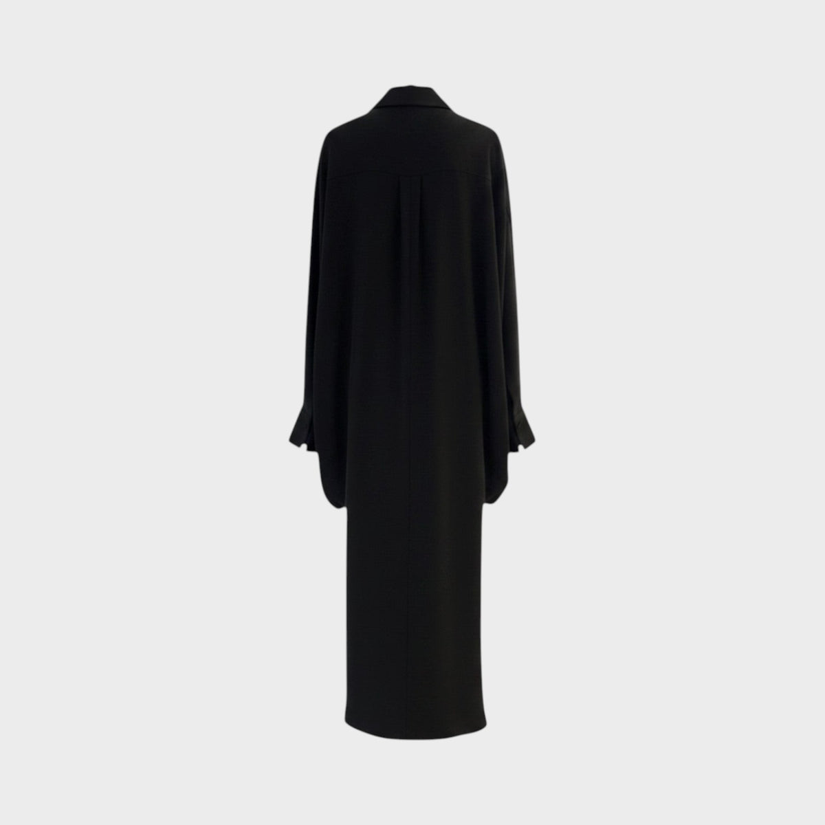 Tasoni Valentino black silk long dress with a draped silhouette and collared neckline, back view.