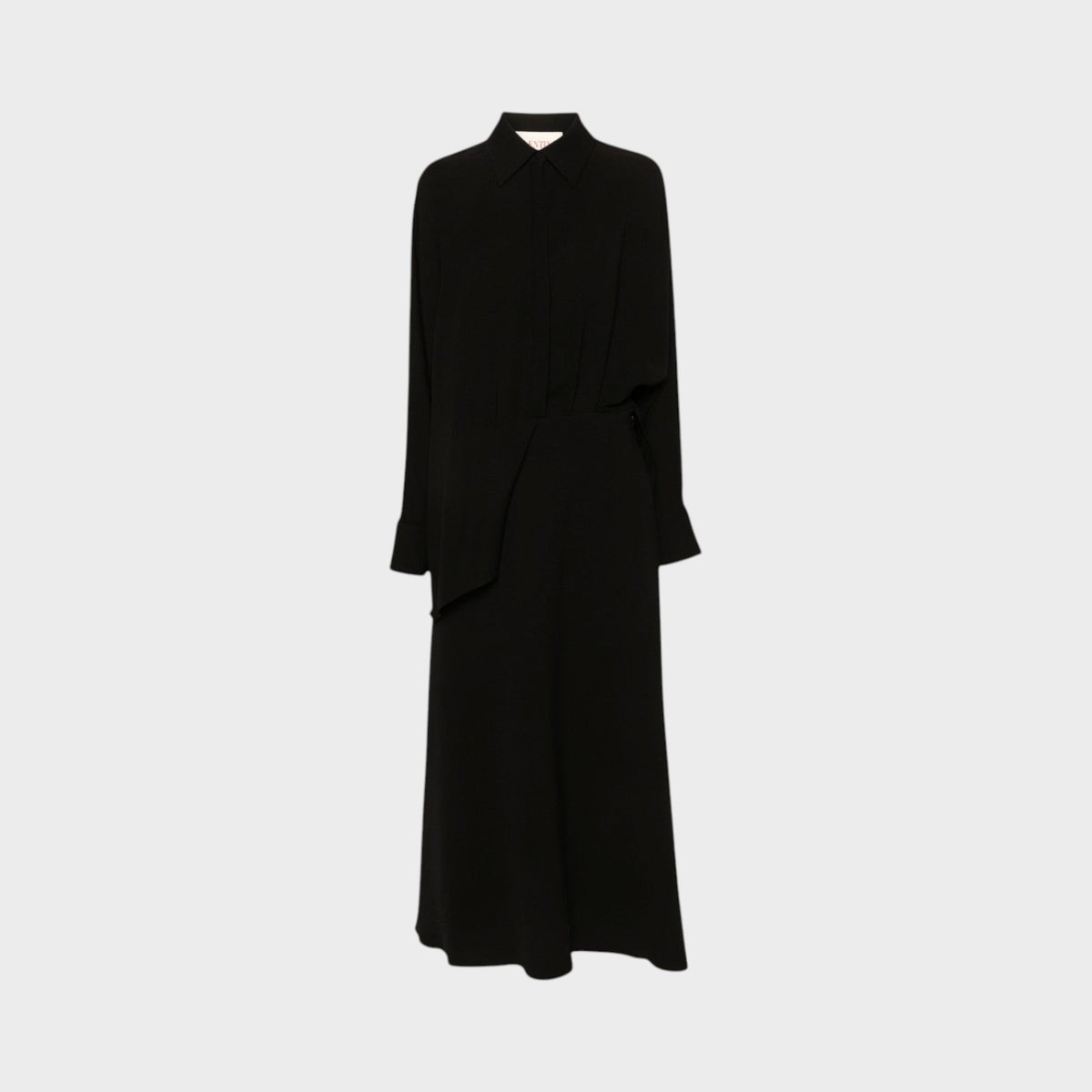 Tasoni Valentino black silk long-sleeved dress with a draped waist and classic collar design.