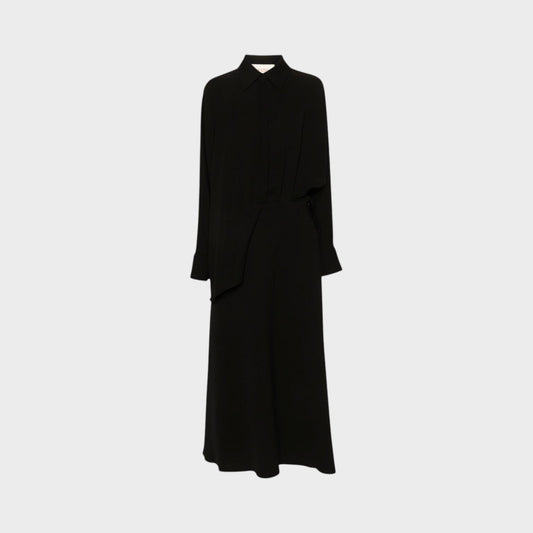 Tasoni Valentino black silk long-sleeved dress with a draped waist and classic collar design.