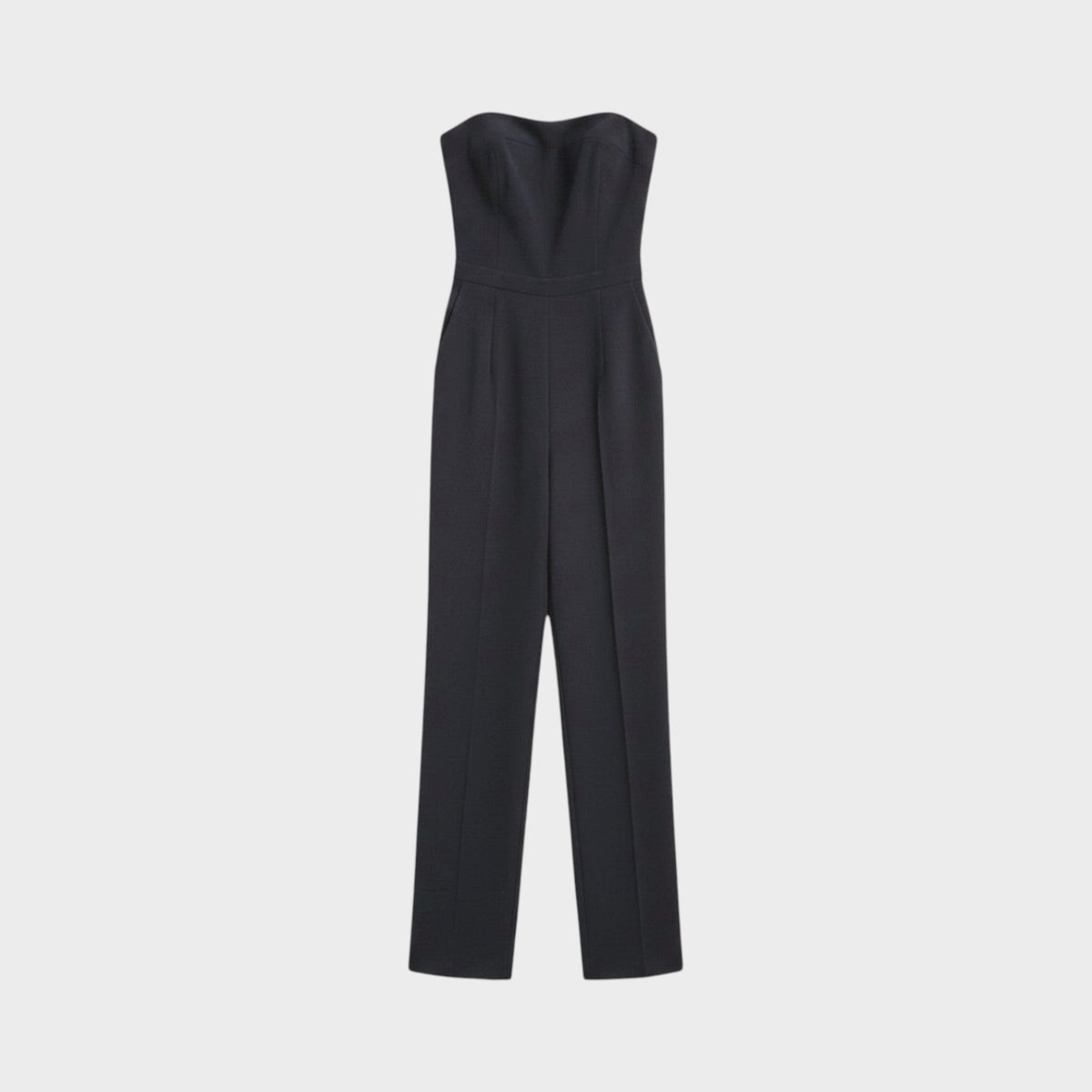 Tasoni Valentino black strapless jumpsuit with a tailored bodice and straight-leg trousers.