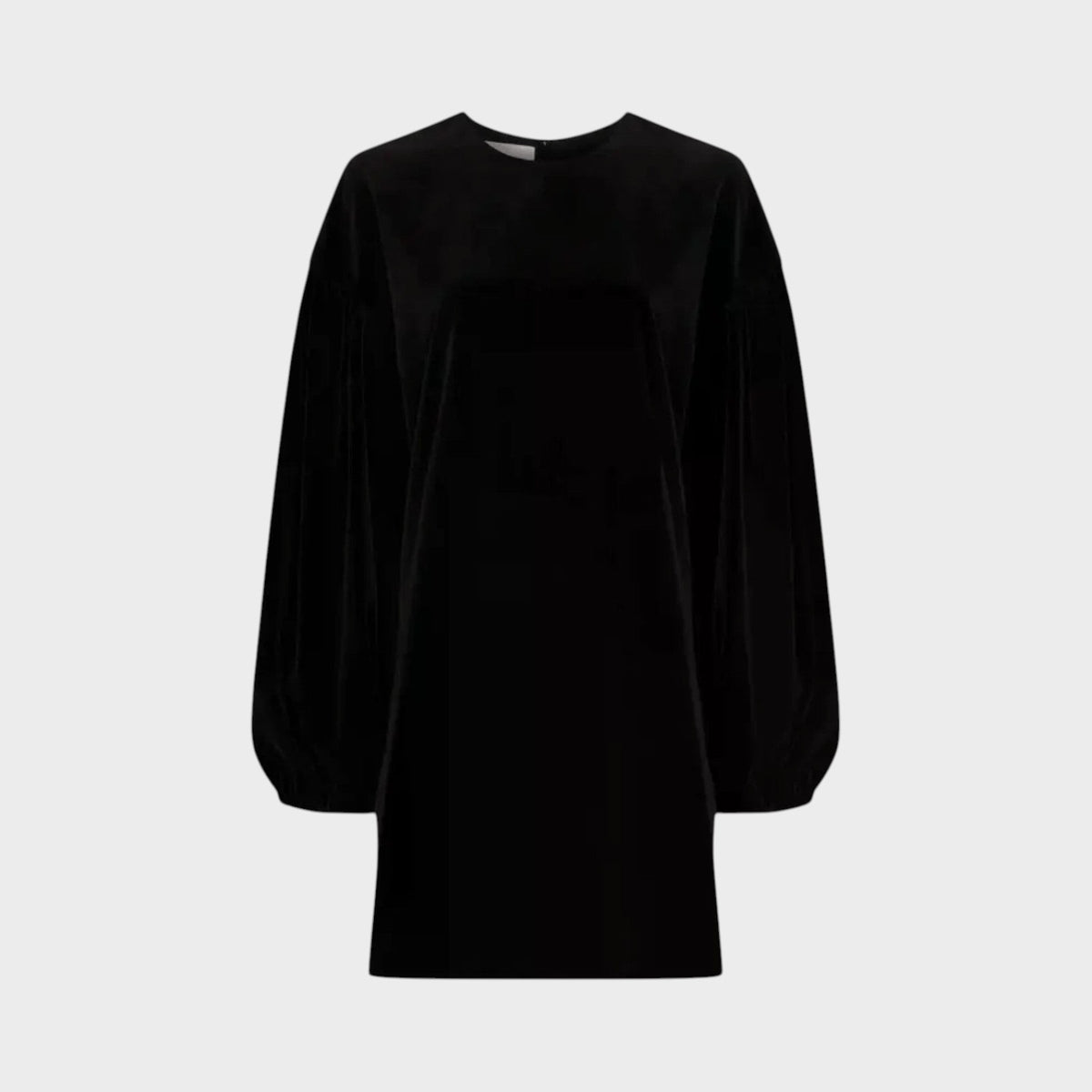Tasoni Valentino black velvet mini dress featuring long balloon sleeves and a round neckline.