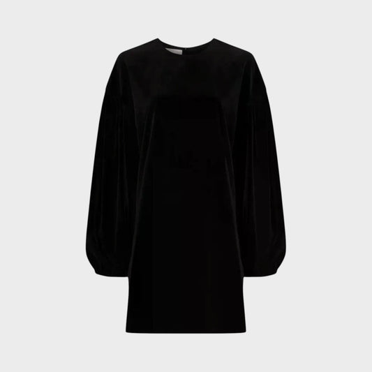 Tasoni Valentino black velvet mini dress featuring long balloon sleeves and a round neckline.