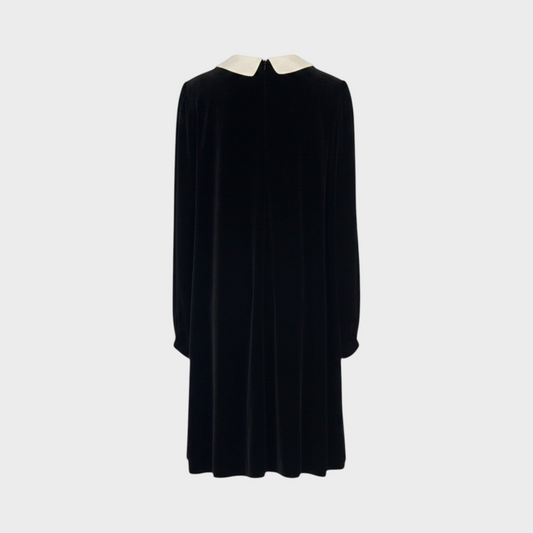 Tasoni Valentino black velvet long-sleeve mini dress with a contrasting white Peter Pan collar, back view.
