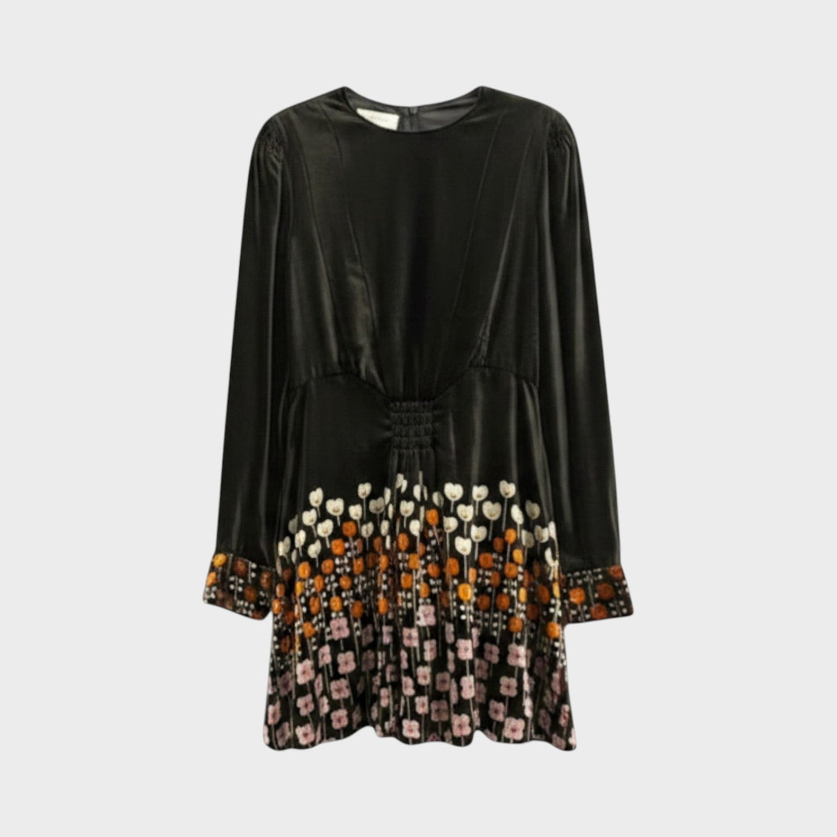 Tasoni Valentino black velvet long-sleeve mini dress featuring a colourful floral print hem and gathered waist detail.