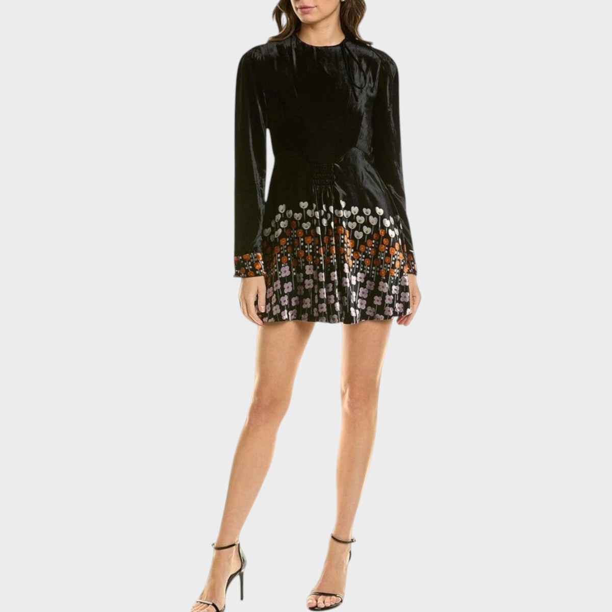 Tasoni Valentino black velvet long-sleeve mini dress with a pleated floral print skirt and high neckline.