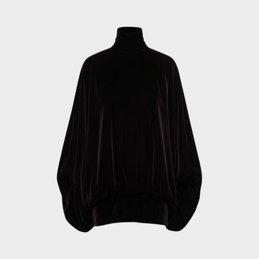 Tasoni Valentino black velvet turtleneck sweater with a loose, draped silhouette and wide sleeves.