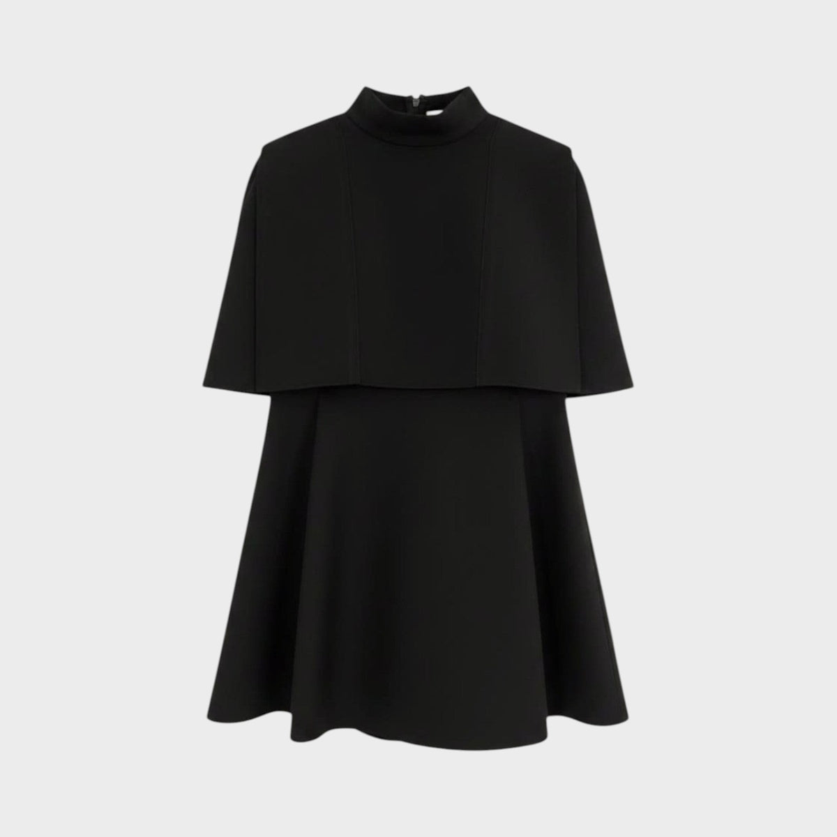 Tasoni Valentino black wool shantung sleeveless mini dress with a high neck and layered cape-style bodice.