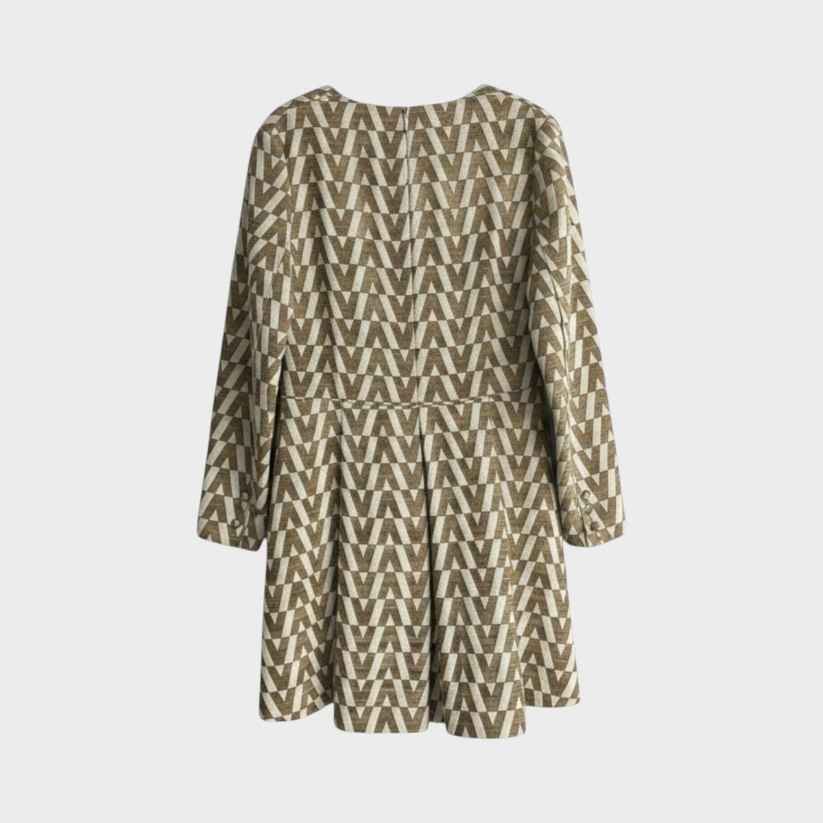 Tasoni Valentino brocade coat featuring a beige and white geometric V logo pattern with a flared silhouette.